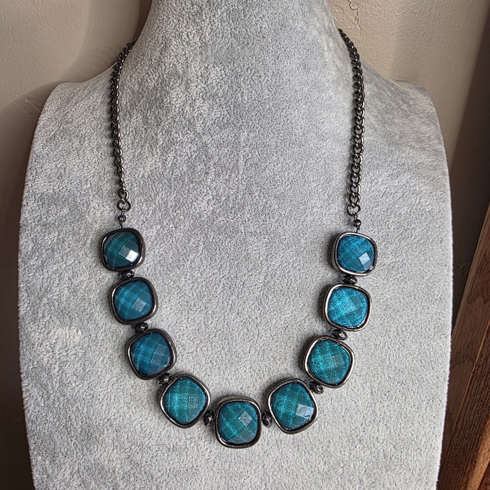 Elegant Blue/Green Acrylic Necklace Gunmetal Color Chain